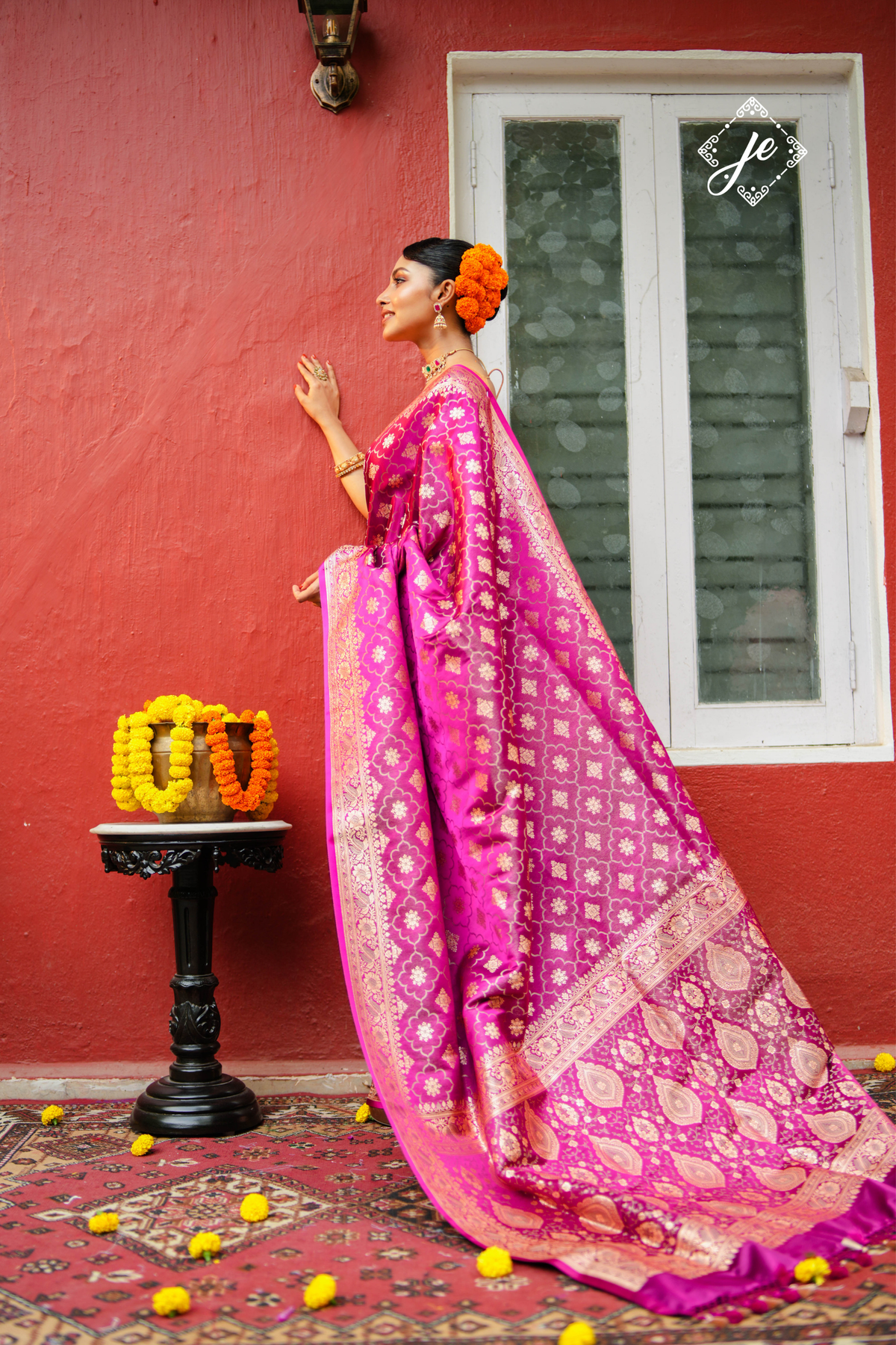 Magenta Satin Tissue Silk Jaal Banarasi Saree
