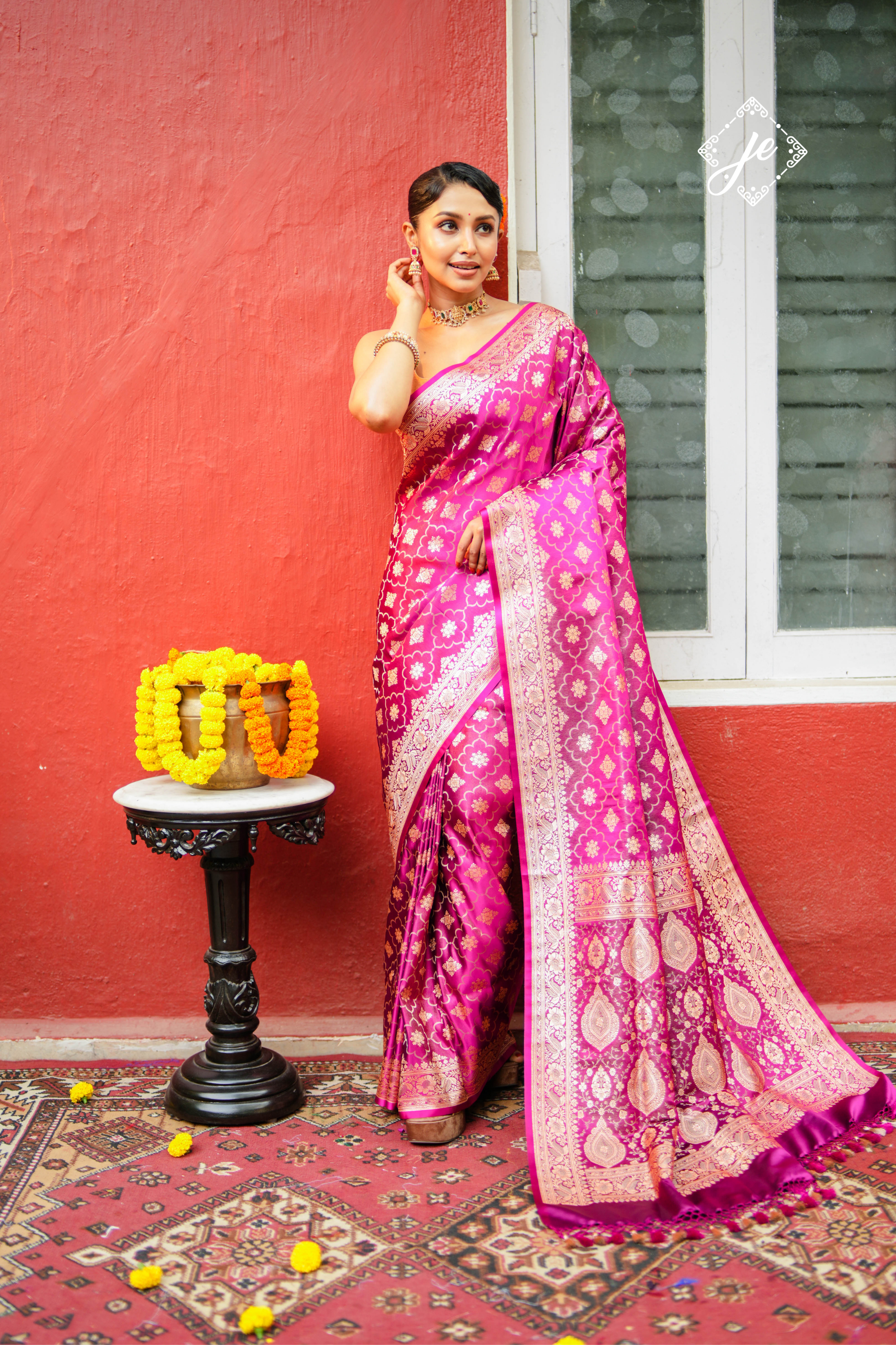 Magenta Satin Tissue Silk Jaal Banarasi Saree