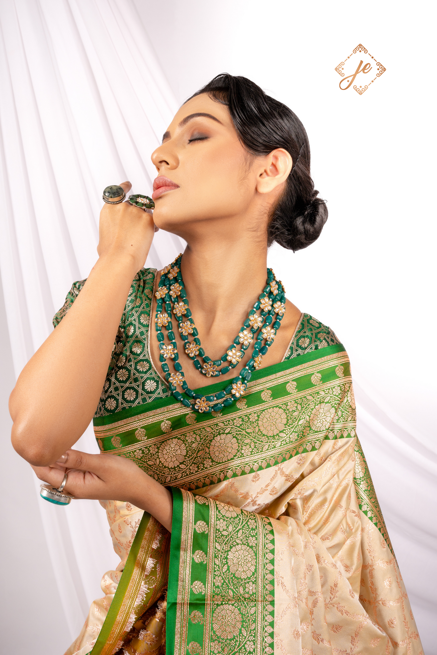 Beige Satin Silk with Contrast Green Border Jaal Banarasi Saree