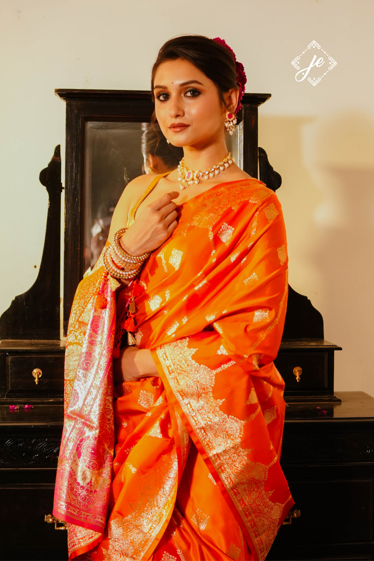 Orange Satin Silk Rangkaat Banarasi Saree