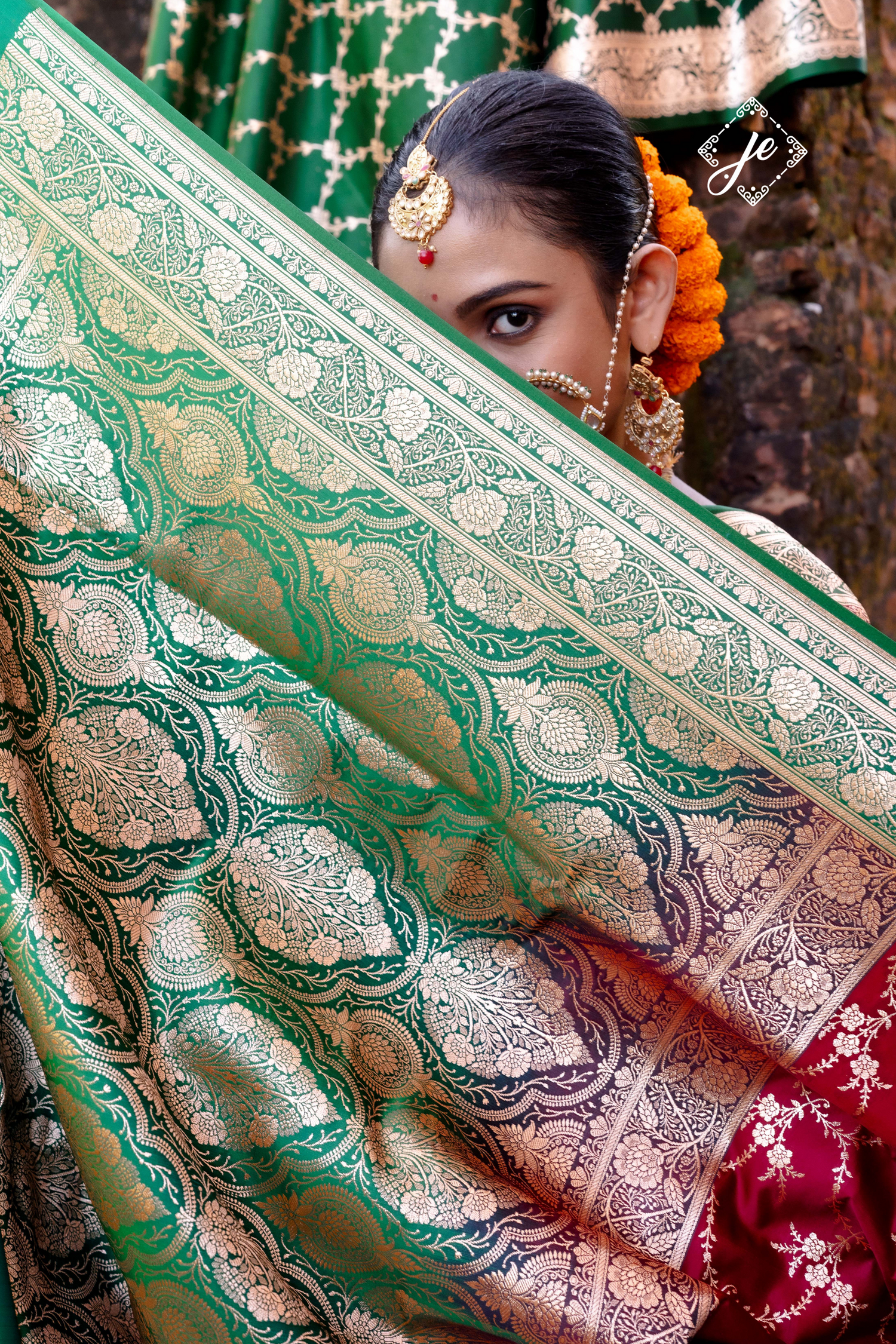 Red Satin Silk with Contrast Bottle Green Border Banarasi Saree