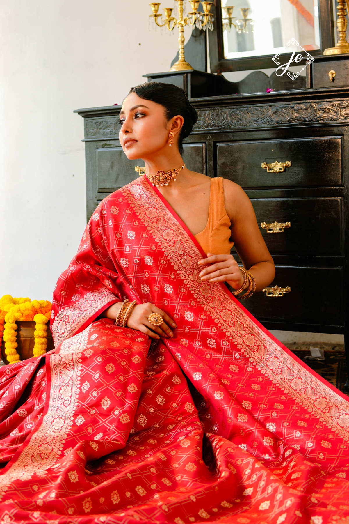 Red Satin Tissue Silk Jaal Banarasi Saree