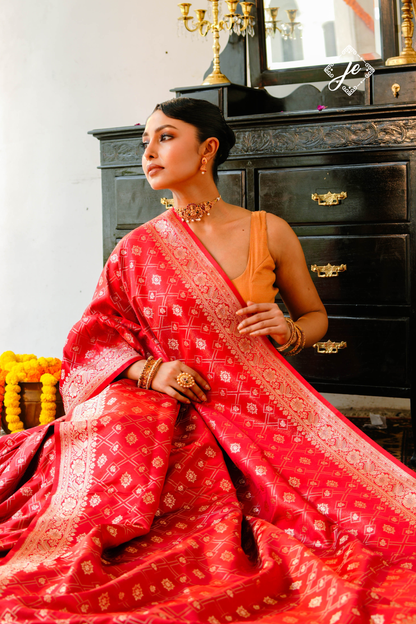 Red Satin Tissue Silk Jaal Banarasi Saree