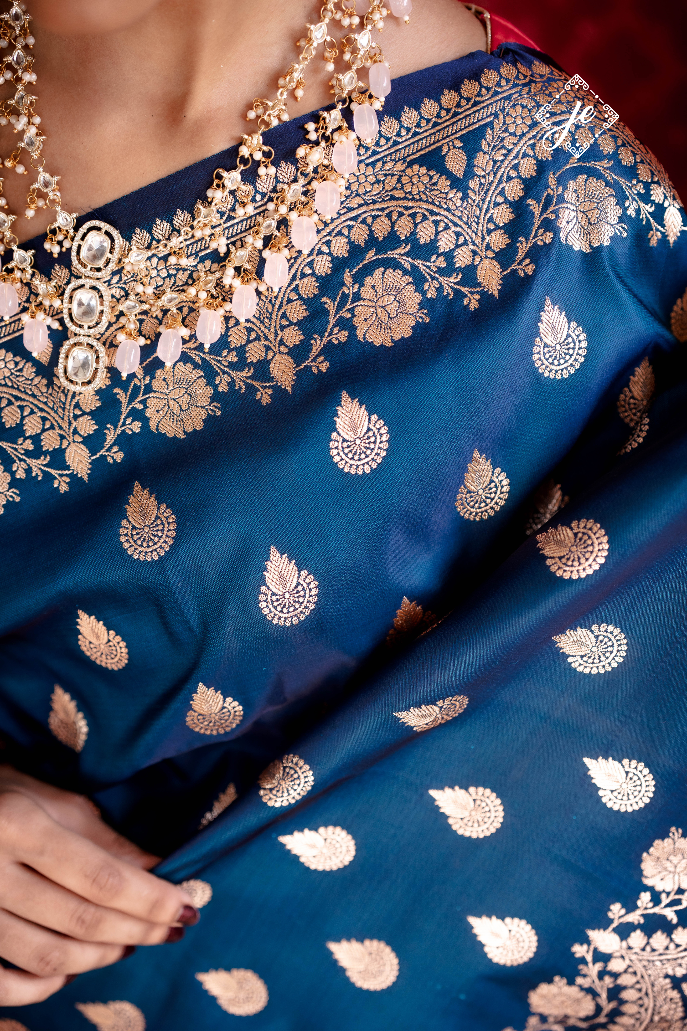 German Blue Scallop Border Satin Silk Buti Banarasi Saree