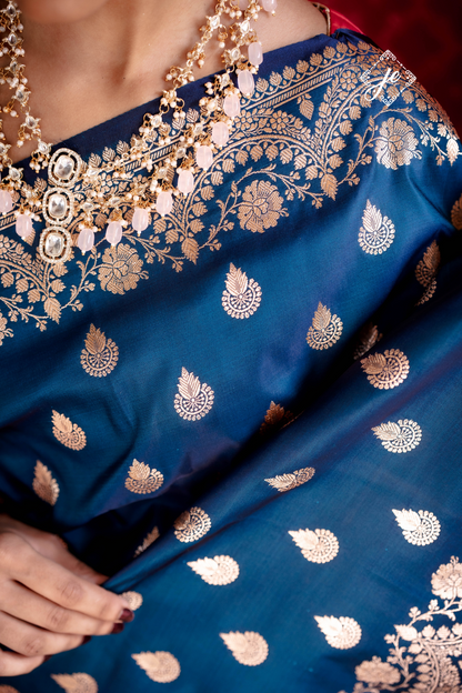 German Blue Scallop Border Satin Silk Buti Banarasi Saree