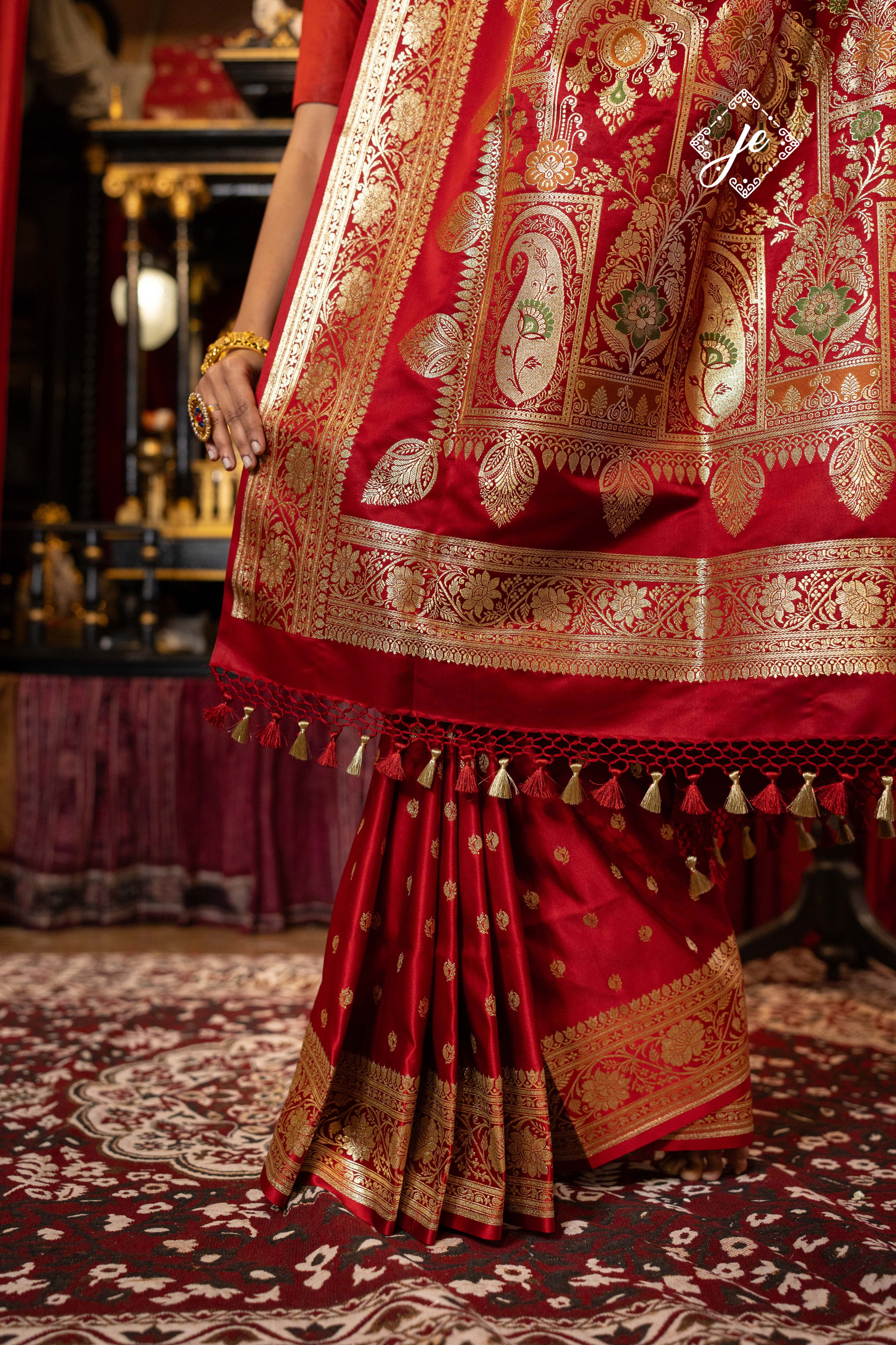 Rose Red Satin Silk Buti Leheriya Mix Meenakari Banarasi Saree