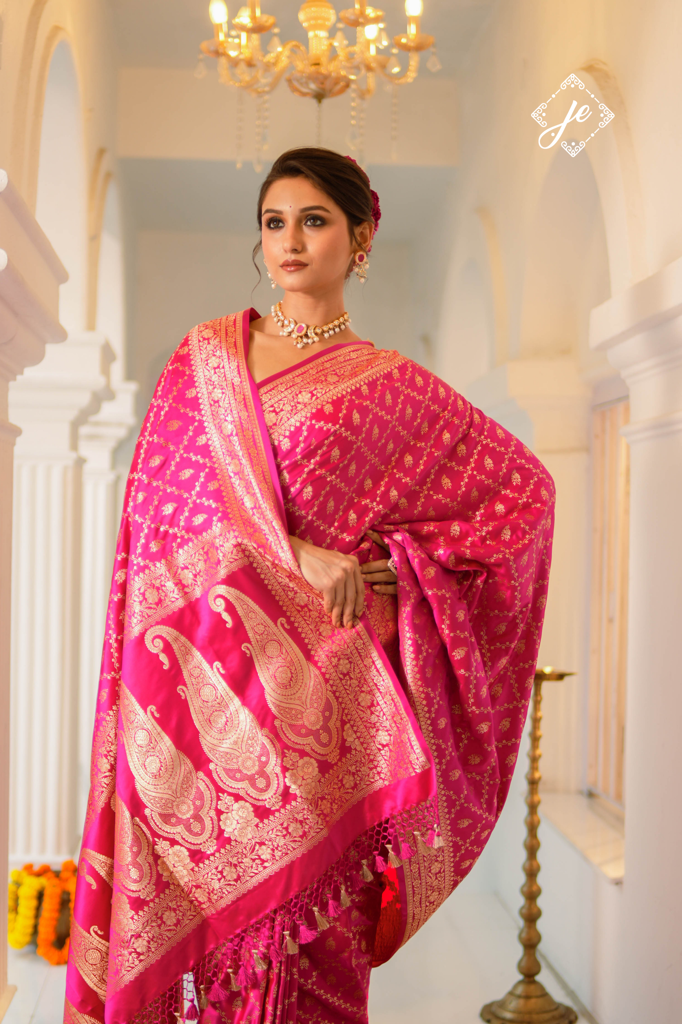 Pink Satin Silk Jaal Banarasi Saree