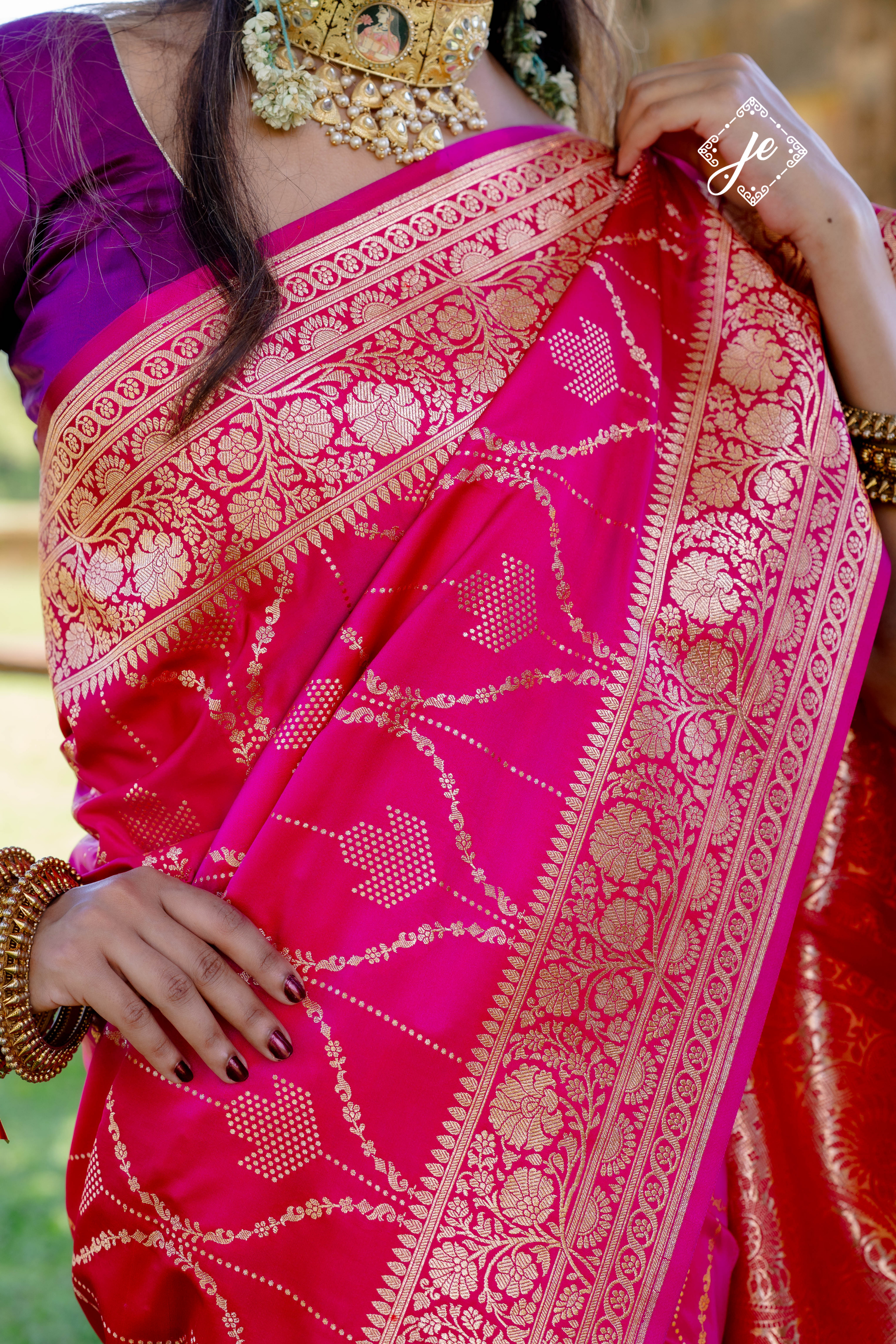 Rani Pink Satin Silk Jaal Striped Banarasi Saree