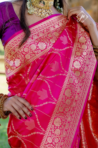 Rani Pink Satin Silk Jaal Striped Banarasi Saree