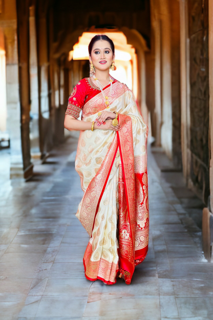 Off-White Red Satin Banarasi Saree