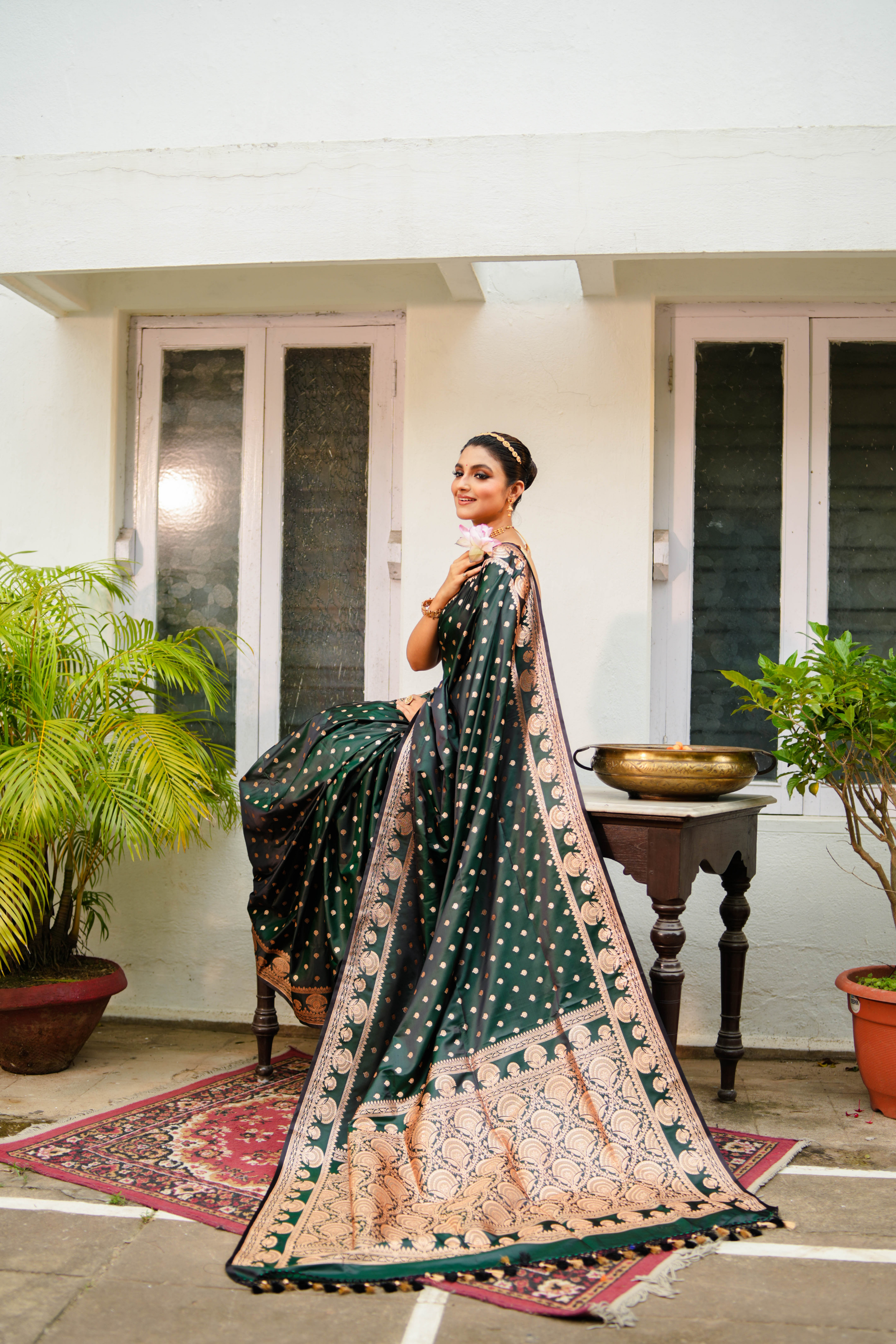 Dual Tone Green-Black Satin Silk Banarasi Saree