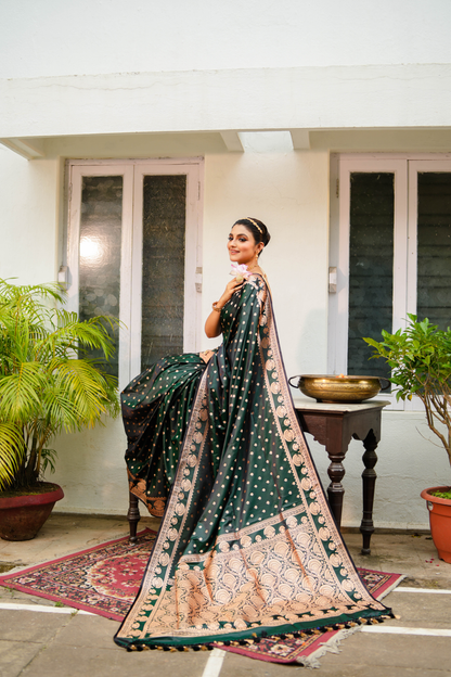 Dual Tone Green-Black Satin Silk Banarasi Saree
