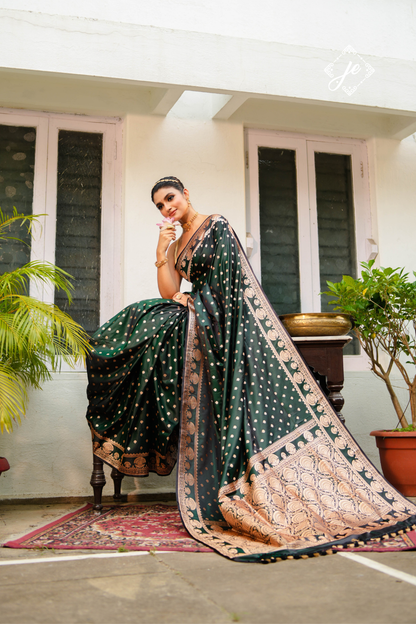 Dual Tone Green-Black Satin Silk Banarasi Saree