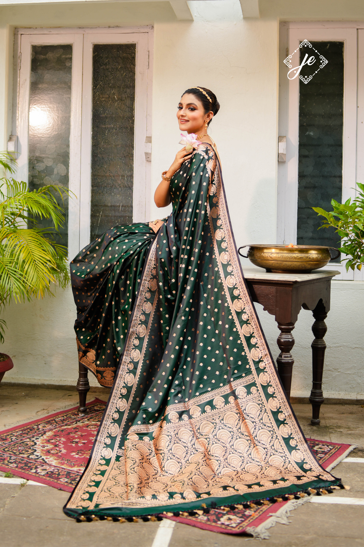 Dual Tone Green-Black Satin Silk Banarasi Saree