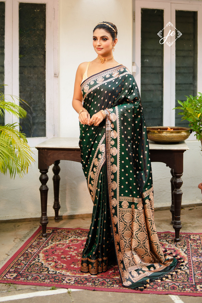 Dual Tone Green-Black Satin Silk Banarasi Saree