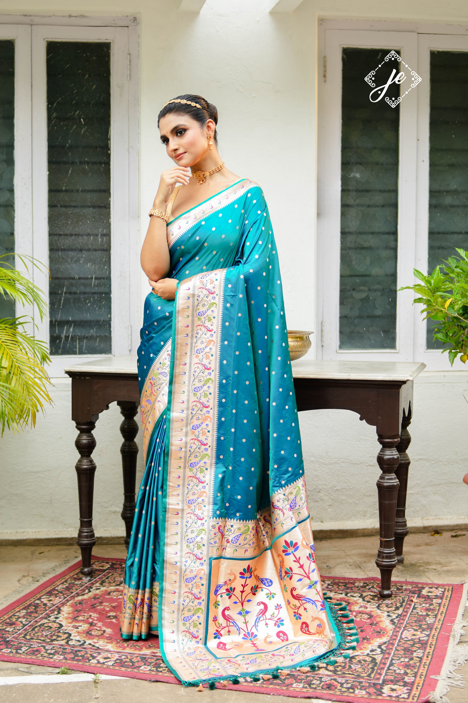 Firozi Satin Silk Paithani Banarasi Saree