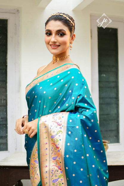 Firozi Satin Silk Paithani Banarasi Saree