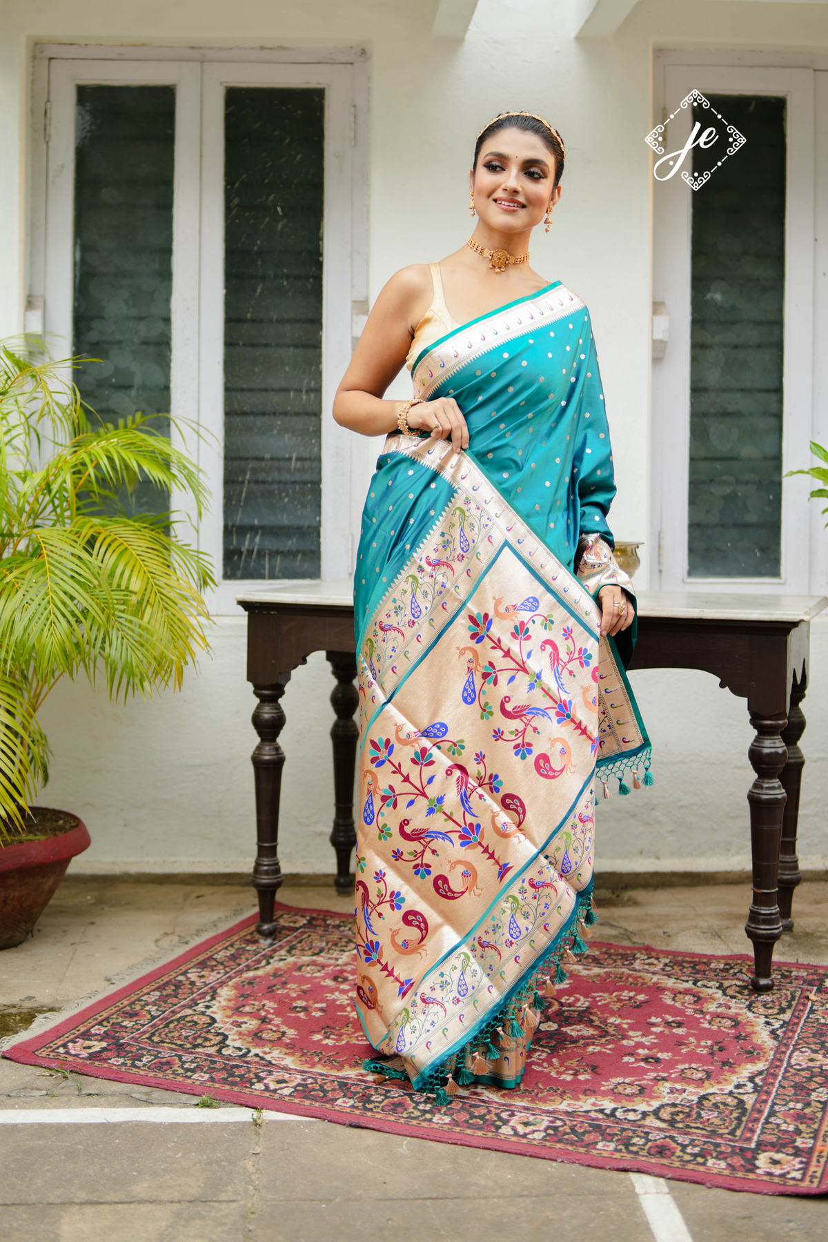 Firozi Satin Silk Paithani Banarasi Saree