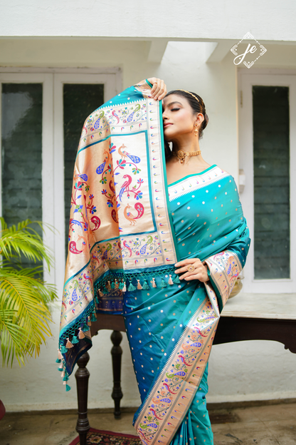 Firozi Satin Silk Paithani Banarasi Saree