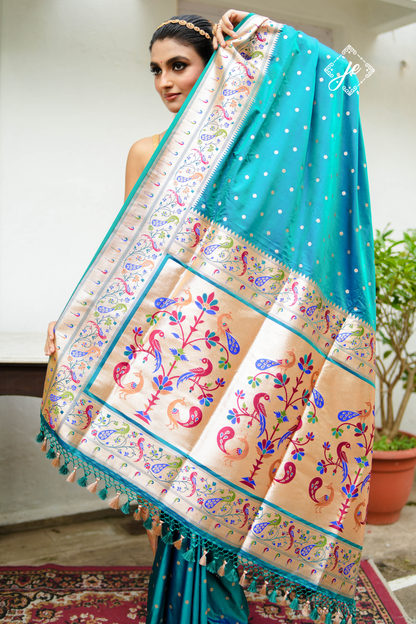 Firozi Satin Silk Paithani Banarasi Saree
