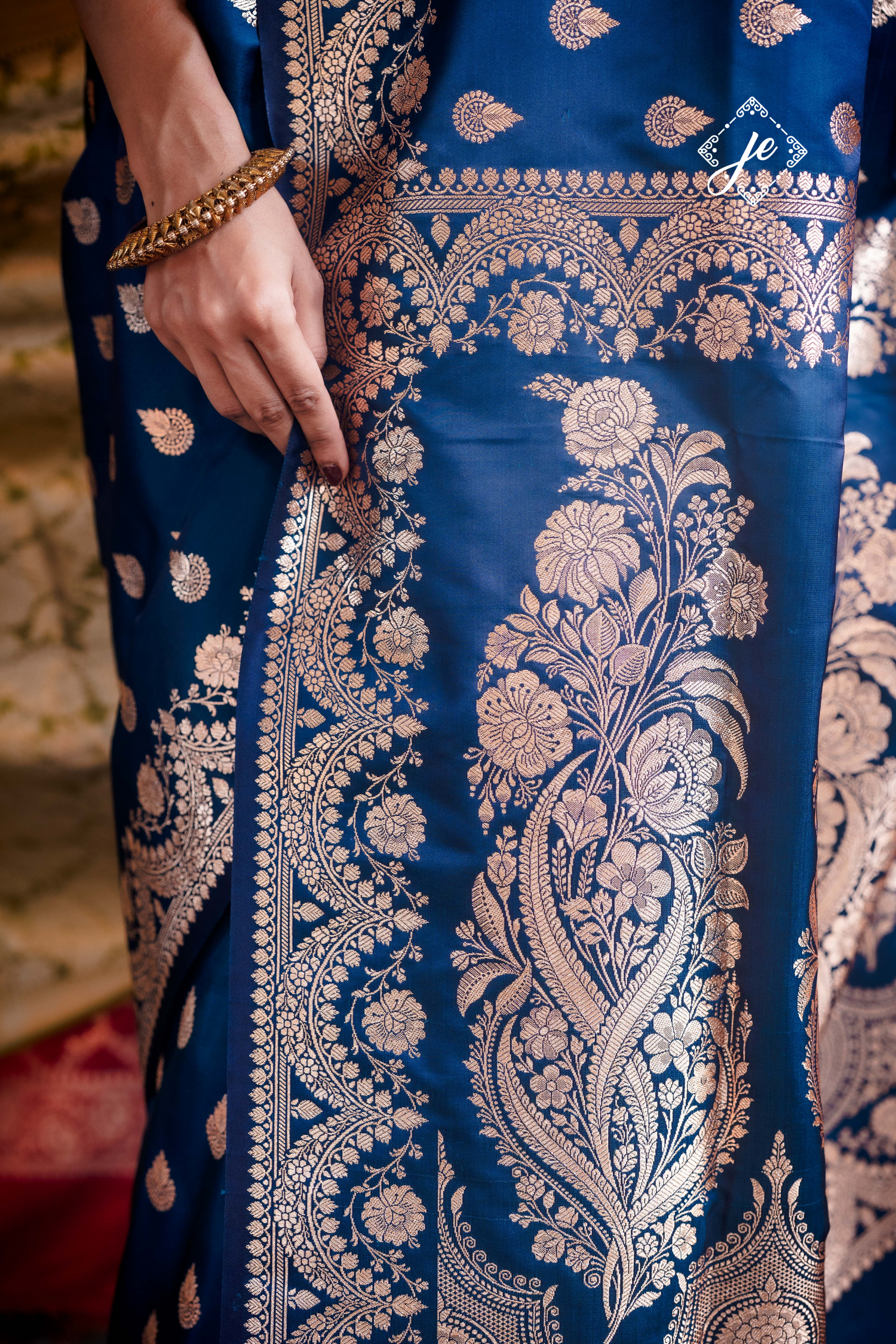 German Blue Scallop Border Satin Silk Buti Banarasi Saree