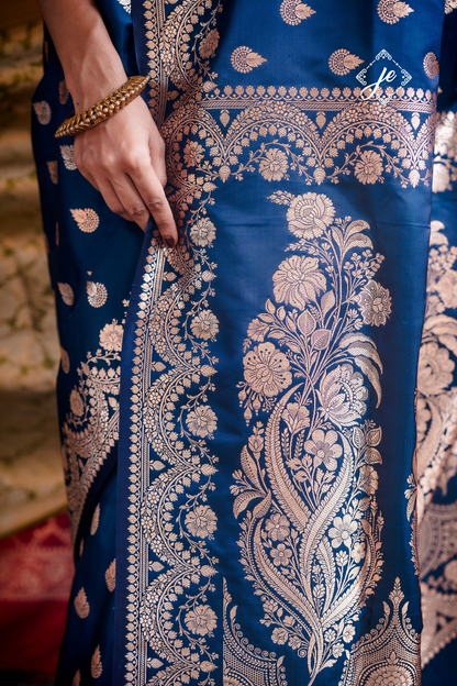 German Blue Scallop Border Satin Silk Buti Banarasi Saree