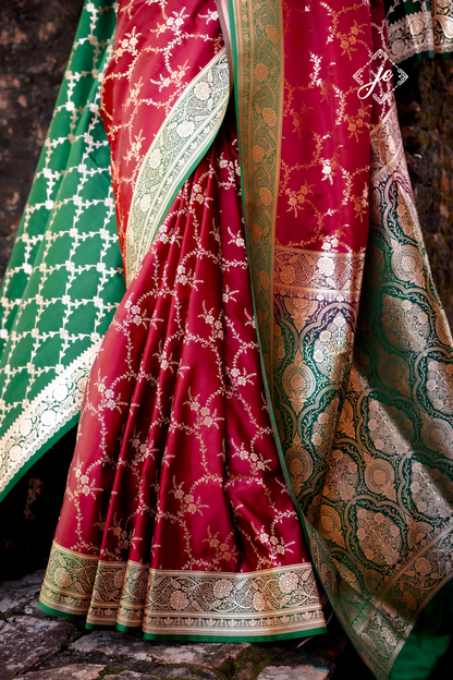 Red Satin Silk with Contrast Bottle Green Border Banarasi Saree