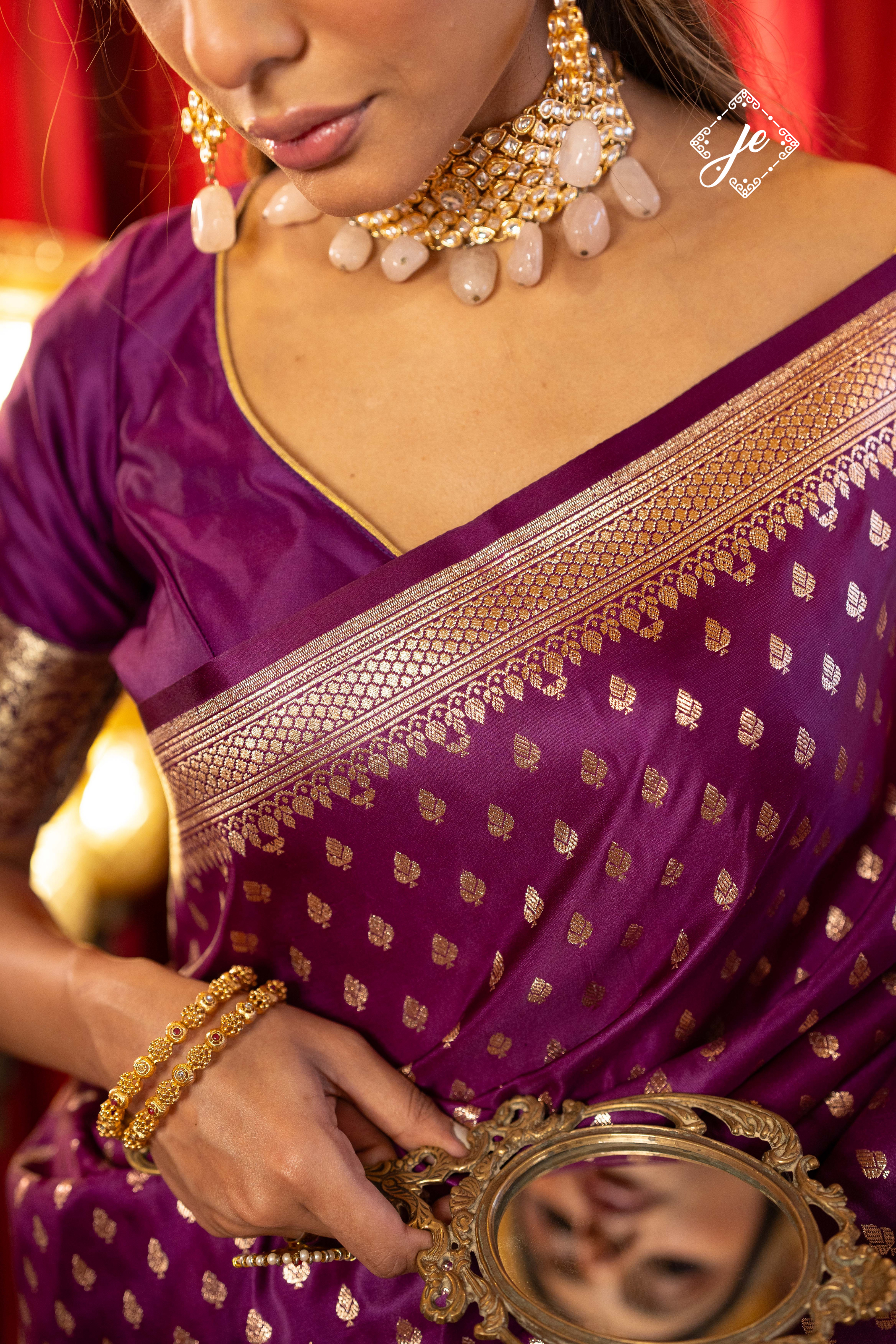 Purple Satin Silk Buti Banarasi Saree