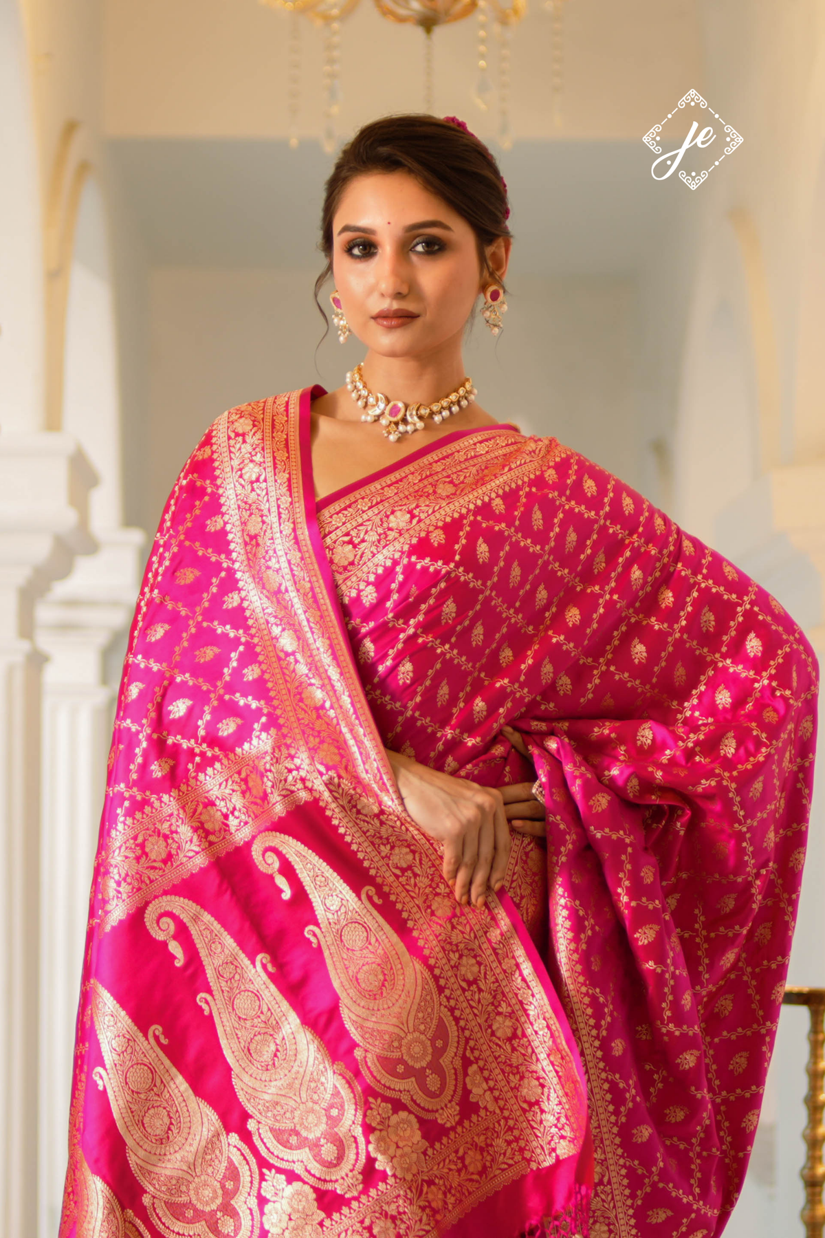 Pink Satin Silk Jaal Banarasi Saree