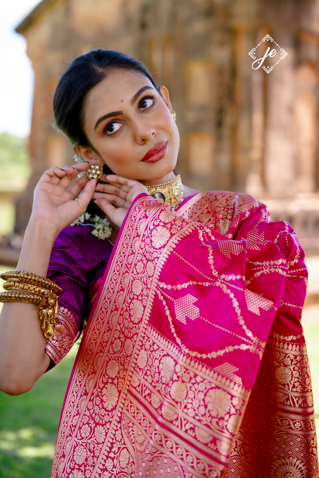 Rani Pink Satin Silk Jaal Striped Banarasi Saree