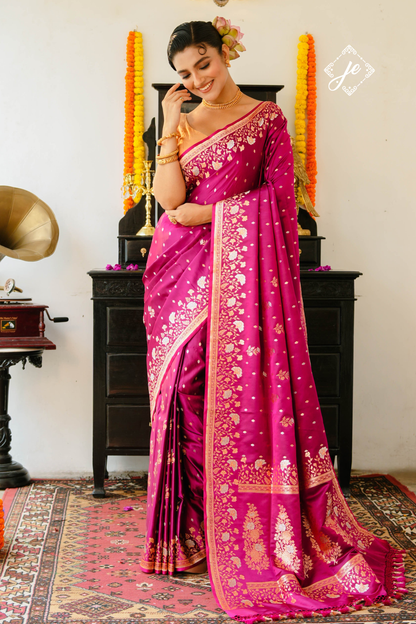Magenta Satin Silk Buti Banarasi Saree