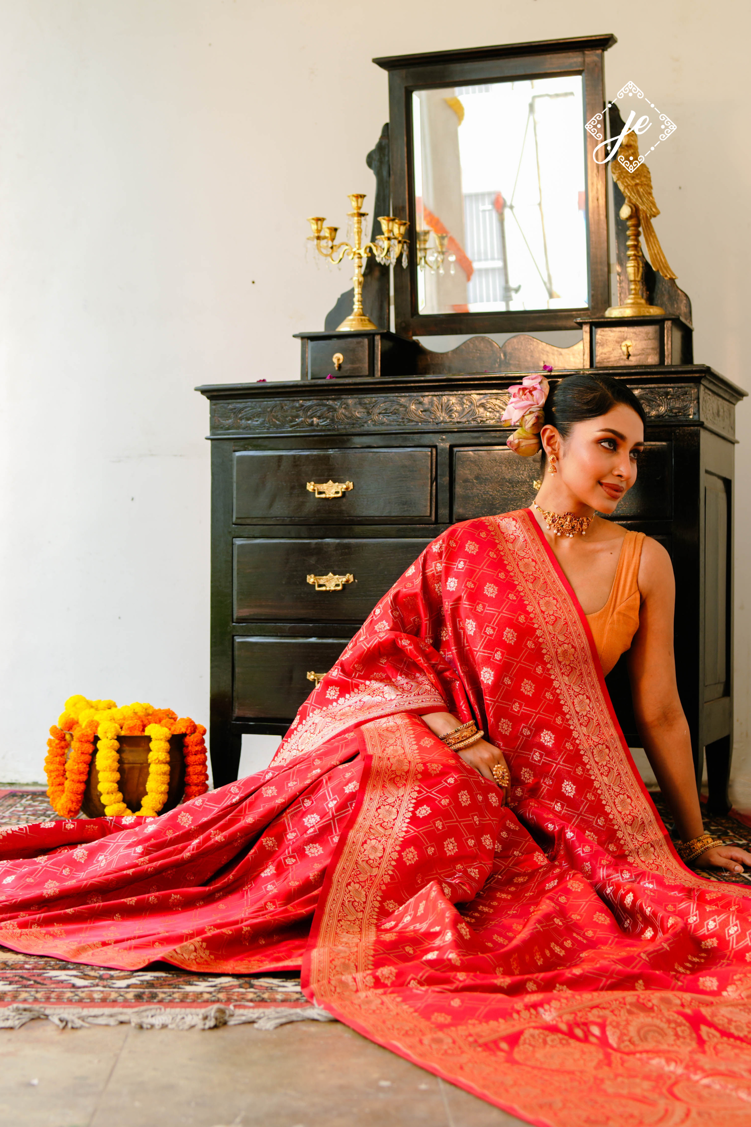 Red Satin Tissue Silk Jaal Banarasi Saree