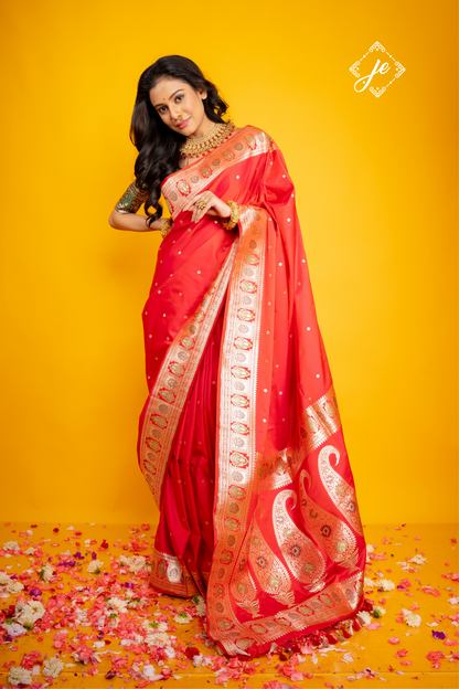 Rose Red Satin Silk Meenakari Banarasi Saree