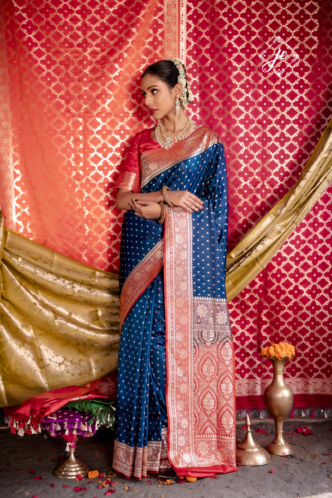 Navy Blue with Red Border Satin Silk Buti Banarasi Saree