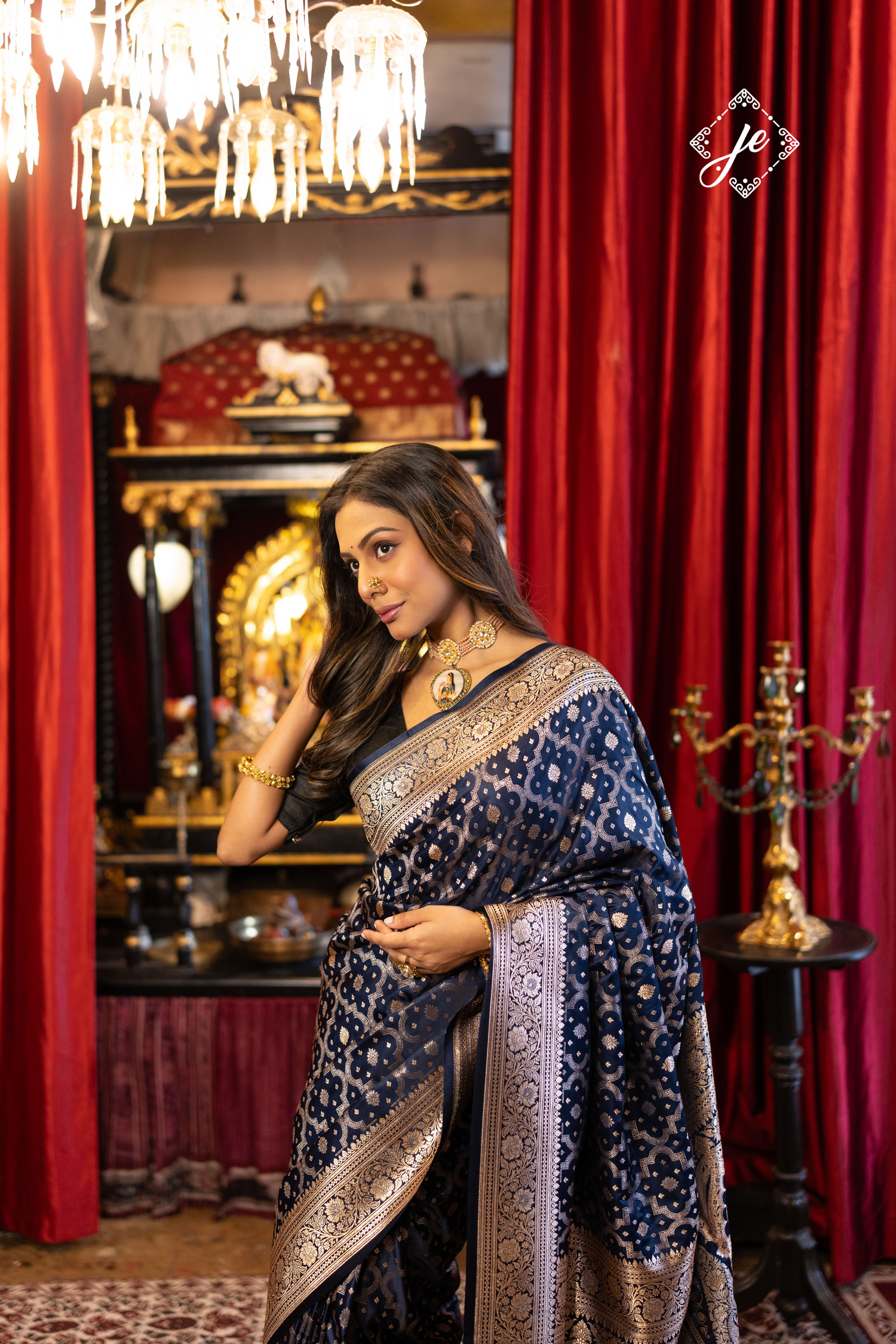 Navy Blue Satin Silk Jaal Banarasi Saree