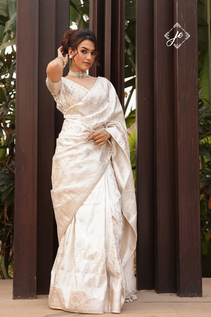 White Satin Silk Jaal Banarasi Saree