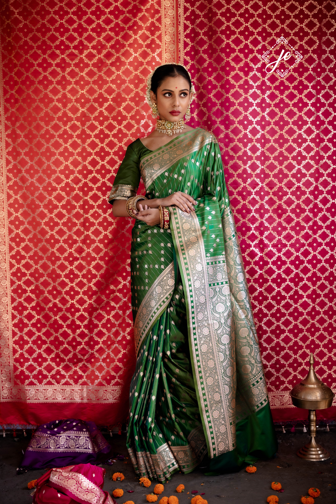 Green Satin Silk Striped Banarasi Saree