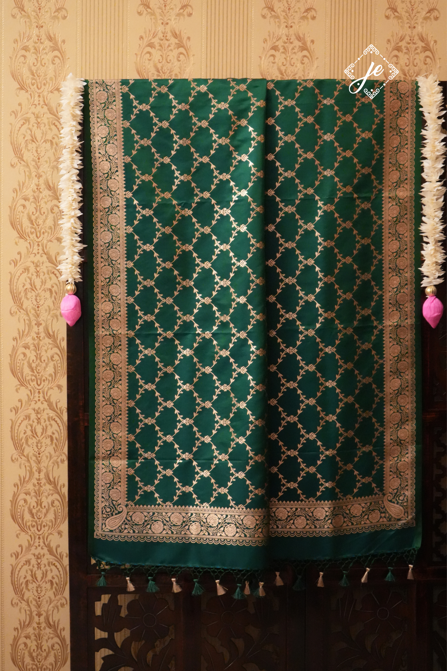 Bottle Green Satin Silk Banarasi Dupatta