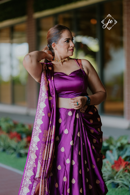 Purple Open Border Satin Silk Banarasi Saree