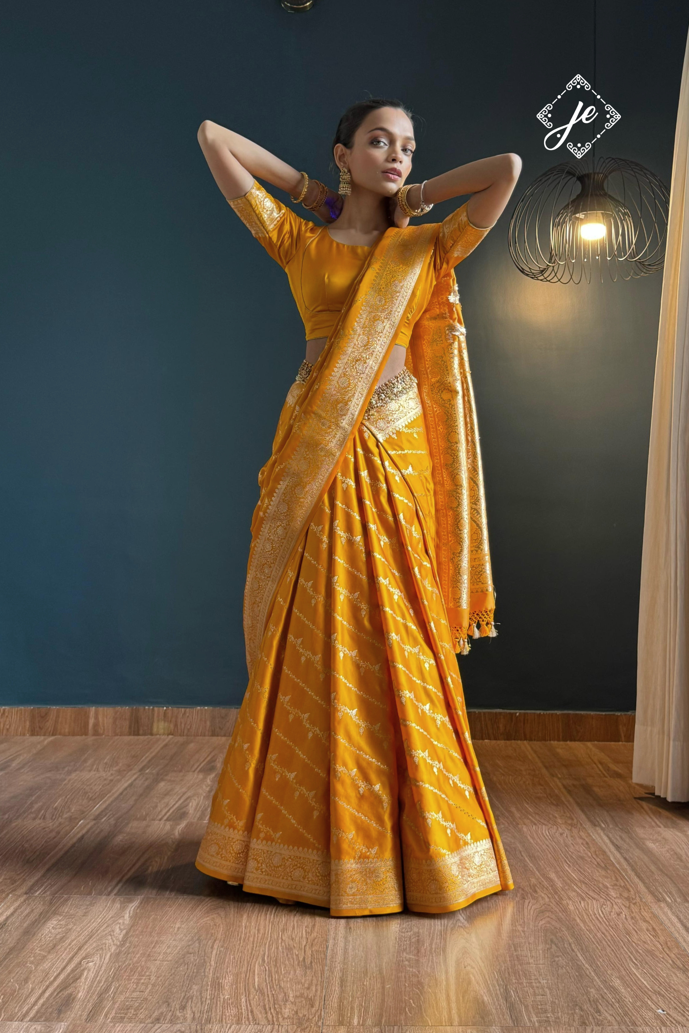 Yellow Leheriya Satin Silk Buti Banarasi Saree