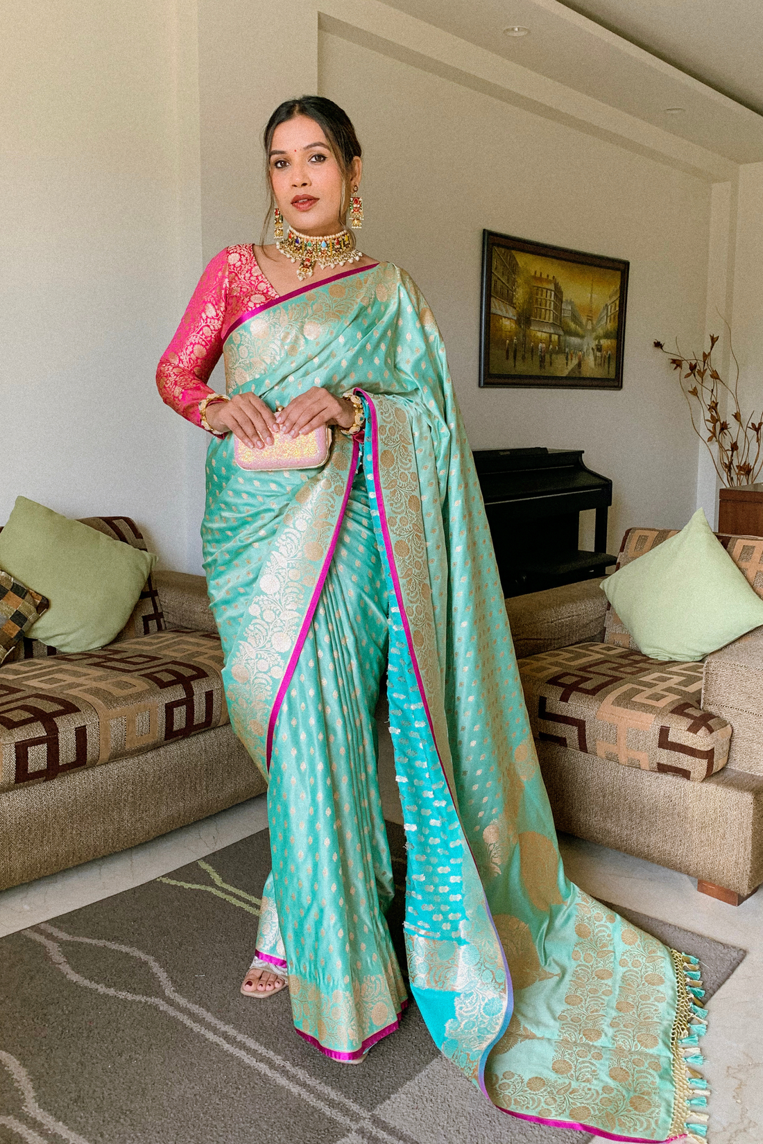 Aqua Green Fancy Border Satin Silk Banarasi Saree