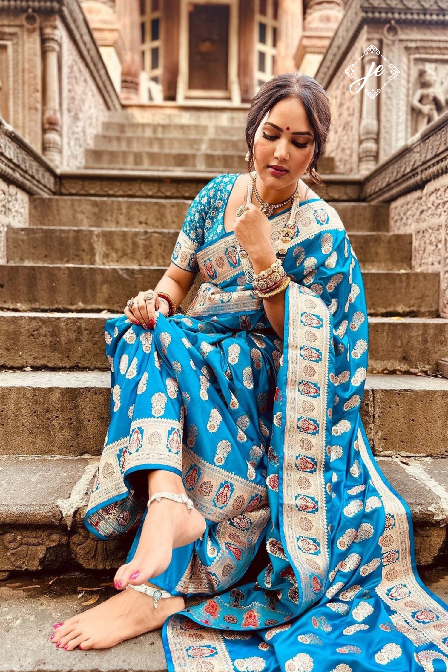 Cobalt Blue Satin Silk Meenakari Buti Banarasi Saree