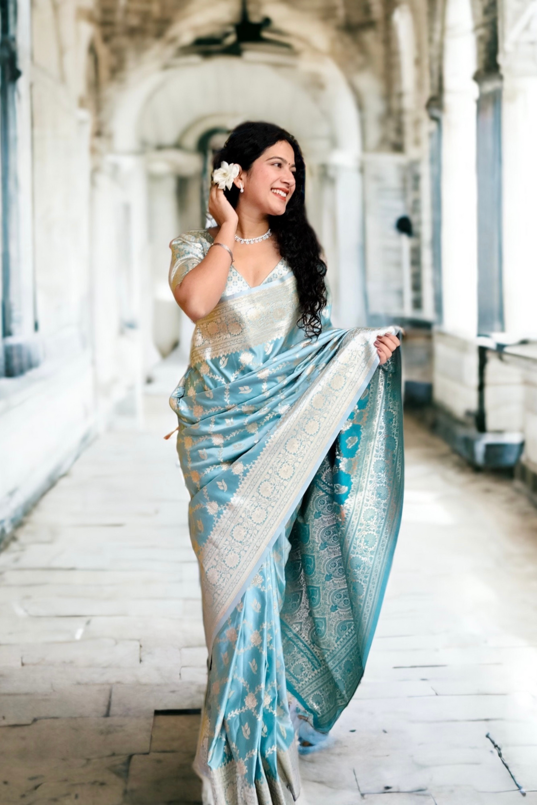 Ice Blue Satin Silk Jaal Banarasi Saree