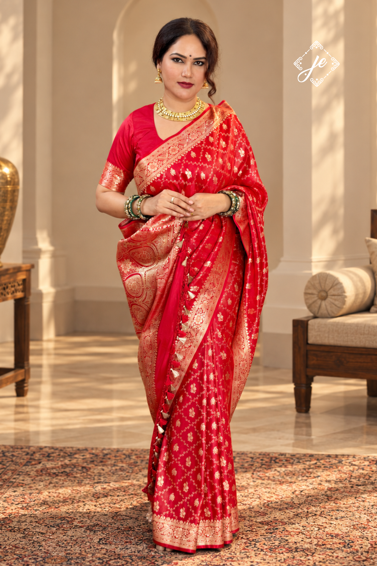 Red Satin Tissue Silk Jaal Banarasi Saree