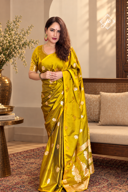 Mustard Gold Satin Silk Buti Banarasi Saree