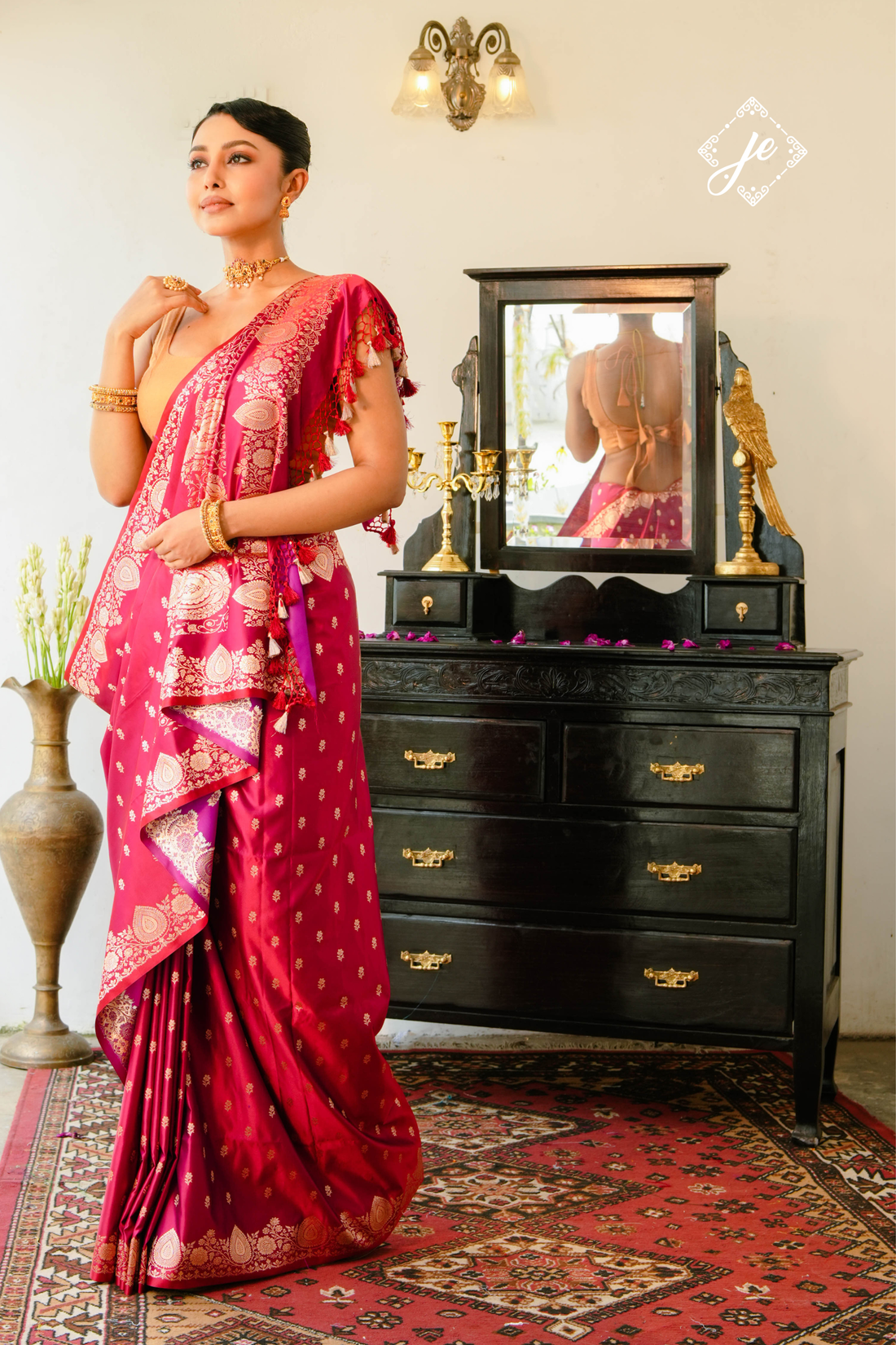 Wine Satin Silk Buti Banarasi Saree
