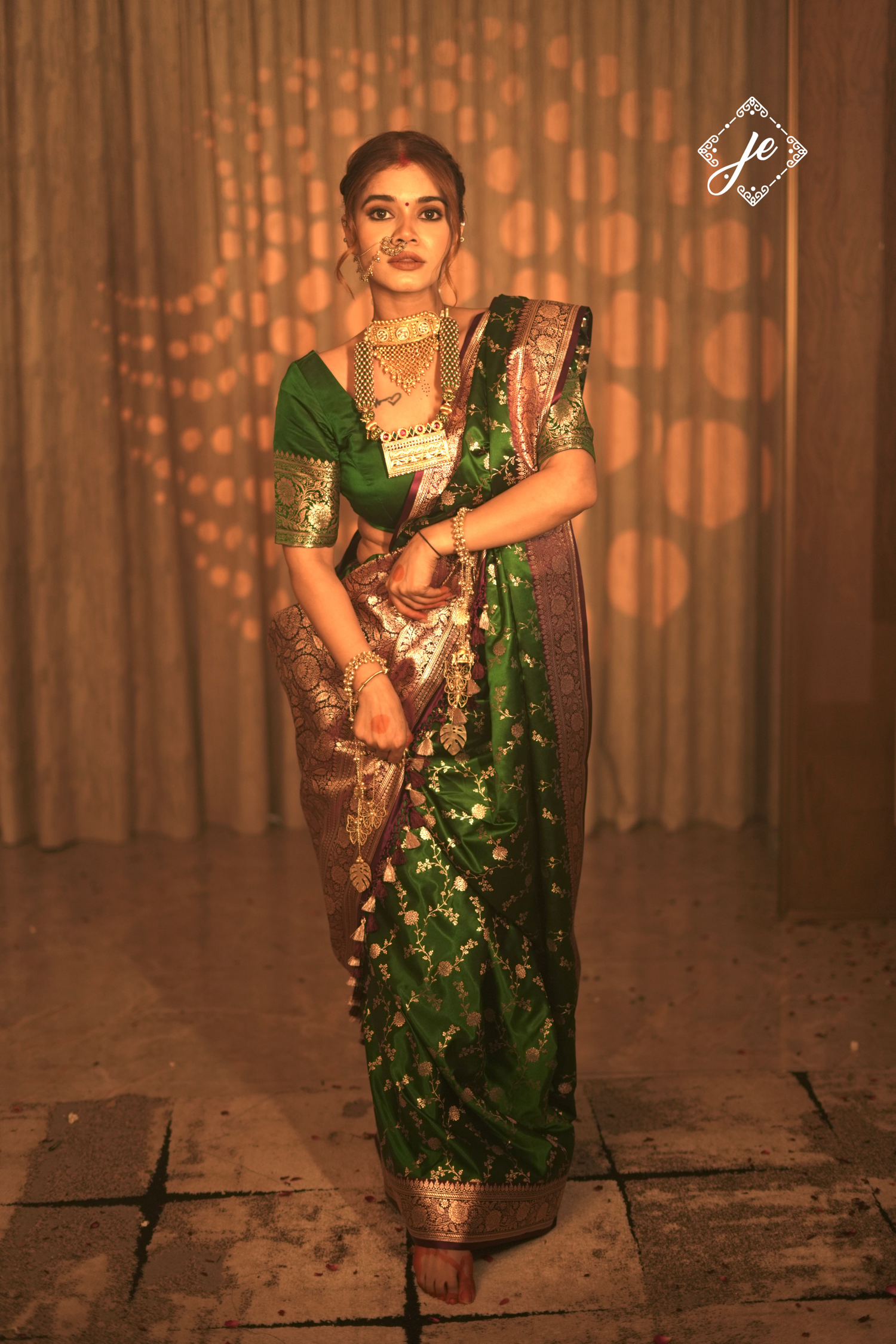 Bottle Green Satin Silk with Contrast Magenta Border Banarasi Saree