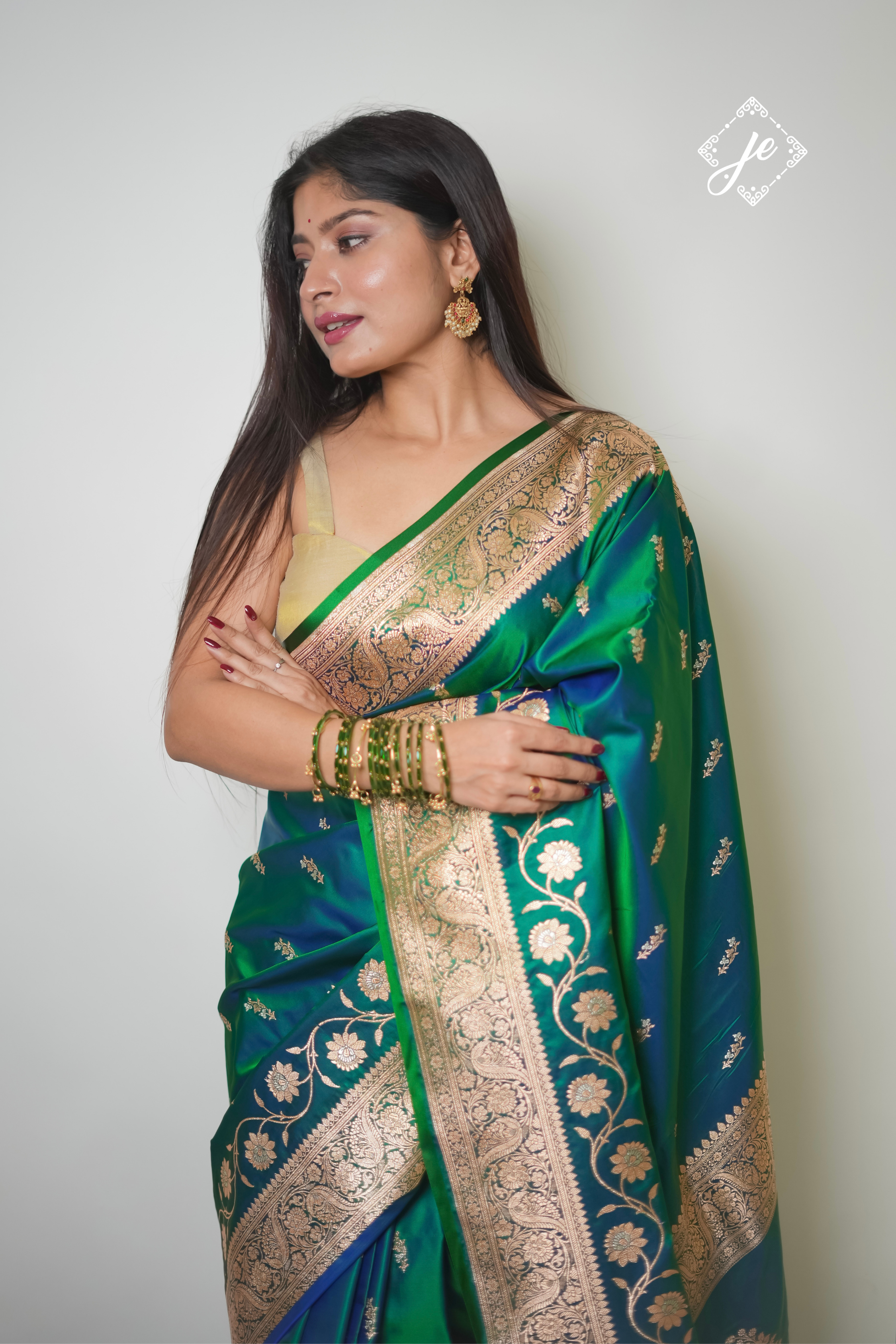Dual Tone Green Blue Satin Silk Banarasi Saree