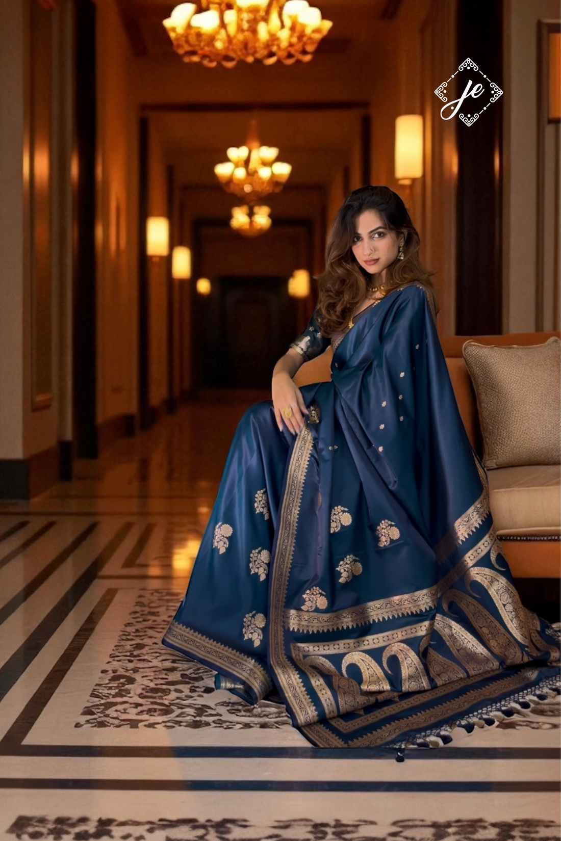 German Blue Satin Silk Banarasi Saree