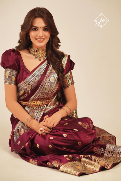 Wine Satin Silk Buti Meenakari Banarasi Saree